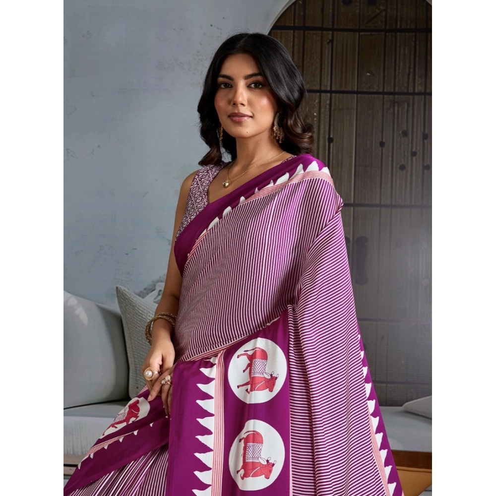 Generic Women's Satin Crepe Printed Saree With Unstitched Blouse 5.5Mtr (Purple) - Image 3