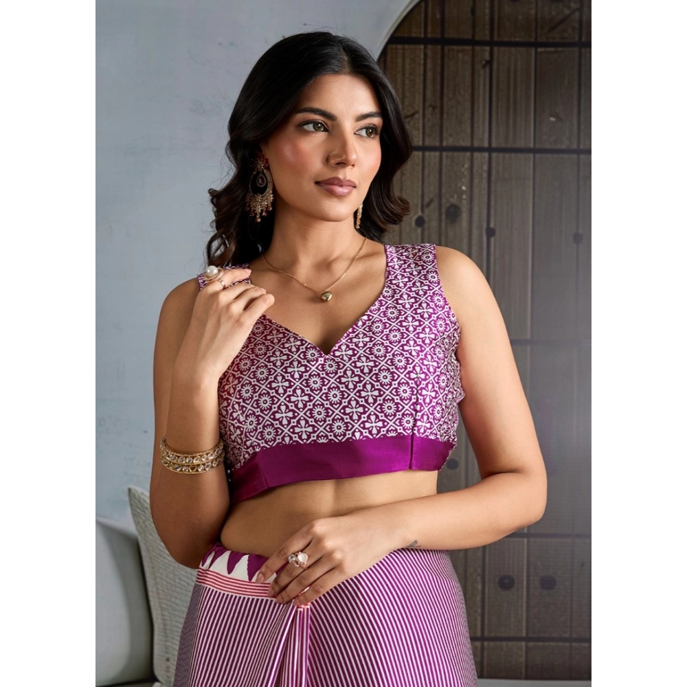 Generic Women's Satin Crepe Printed Saree With Unstitched Blouse 5.5Mtr (Purple) - Image 2