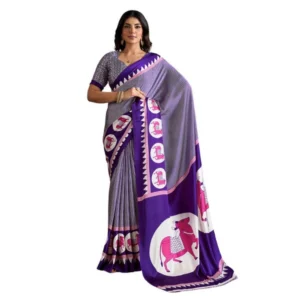 Generic Women's Satin Crepe Printed Saree With Unstitched Blouse 5.5Mtr (Blue)
