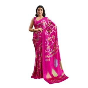 Generic Women's Satin Crepe Printed Saree With Unstitched Blouse 5.5Mtr (Pink)
