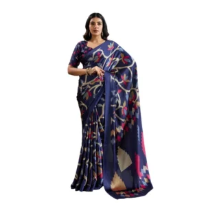 Generic Women's Satin Crepe Printed Saree With Unstitched Blouse 5.5Mtr (Navy Blue)