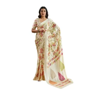 Generic Women's Satin Crepe Printed Saree With Unstitched Blouse 5.5Mtr (Off White)