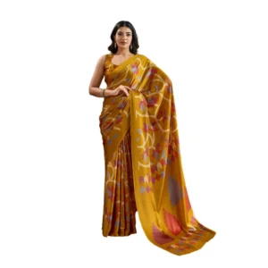 Generic Women's Satin Crepe Printed Saree With Unstitched Blouse 5.5Mtr (Mustard)
