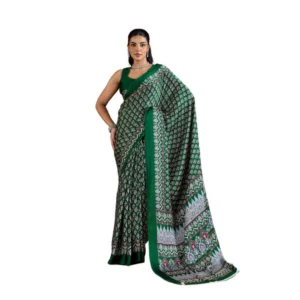 Generic Women's Satin Crepe Printed Saree With Unstitched Blouse 5.5Mtr (Green)