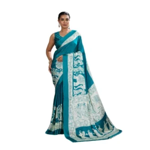 Generic Women's Satin Crepe Printed Saree With Unstitched Blouse 5.5Mtr (Sky Blue)