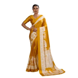 Generic Women's Satin Crepe Printed Saree With Unstitched Blouse 5.5Mtr (Mustard)