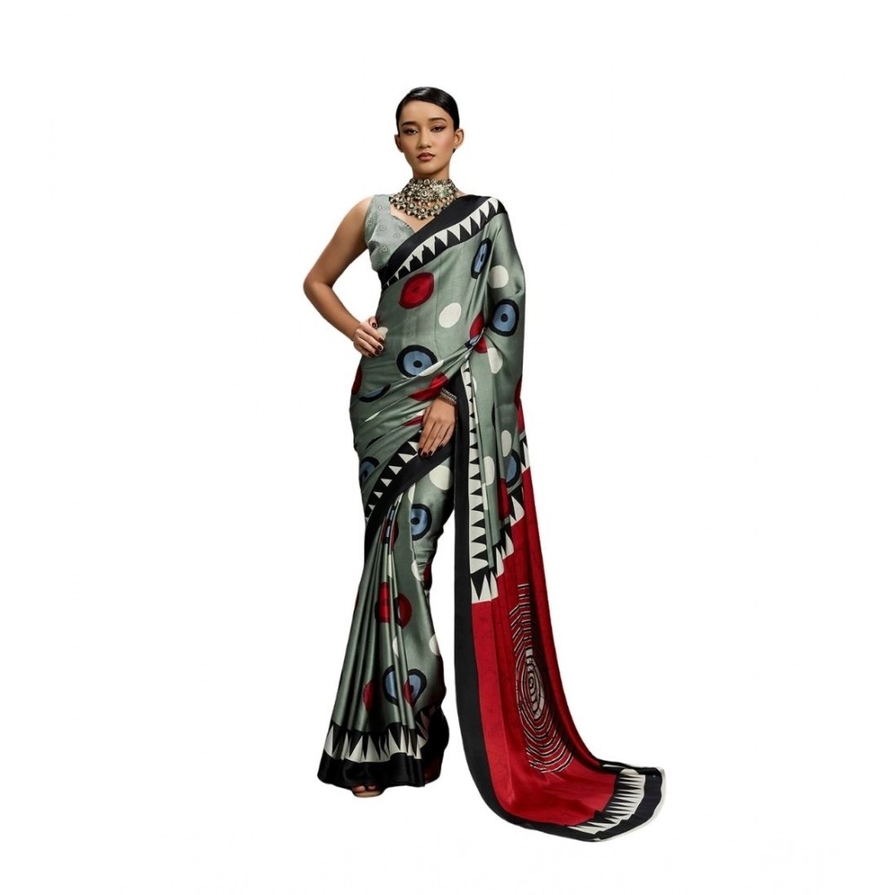 Generic Women's Satin Crepe Printed Saree With Unstitched Blouse 5.5Mtr (Multicolor)