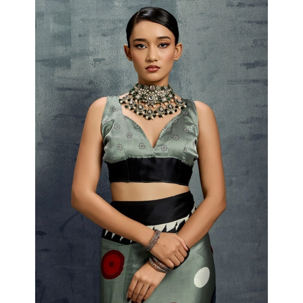 Generic Women's Satin Crepe Printed Saree With Unstitched Blouse 5.5Mtr (Multicolor) - Image 2