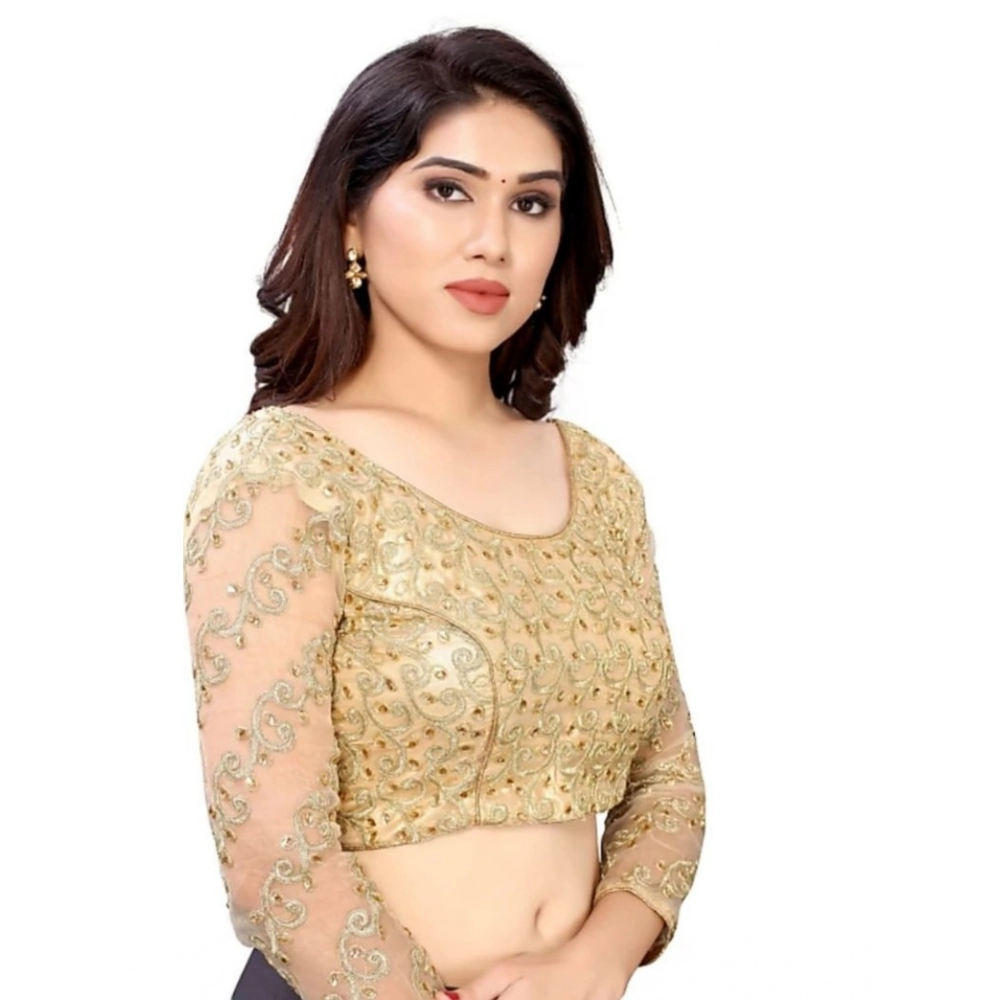 Generic Women's 3/4th Sleeve Silk Blend Readymade Blouse (Beige, Free Size: Up To 34 Inch) - Image 2