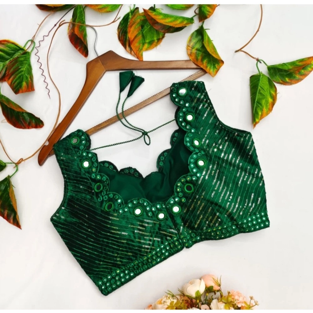 Generic Women's Cotton Silk Embellished Padded Cup Readymade Blouse (Green, Size: Free Size) - Image 2