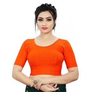 Generic Women'sย Cotton Lycra Blend Solid Non Padded Readymade Blouse (Orange, Size: Free Size)
