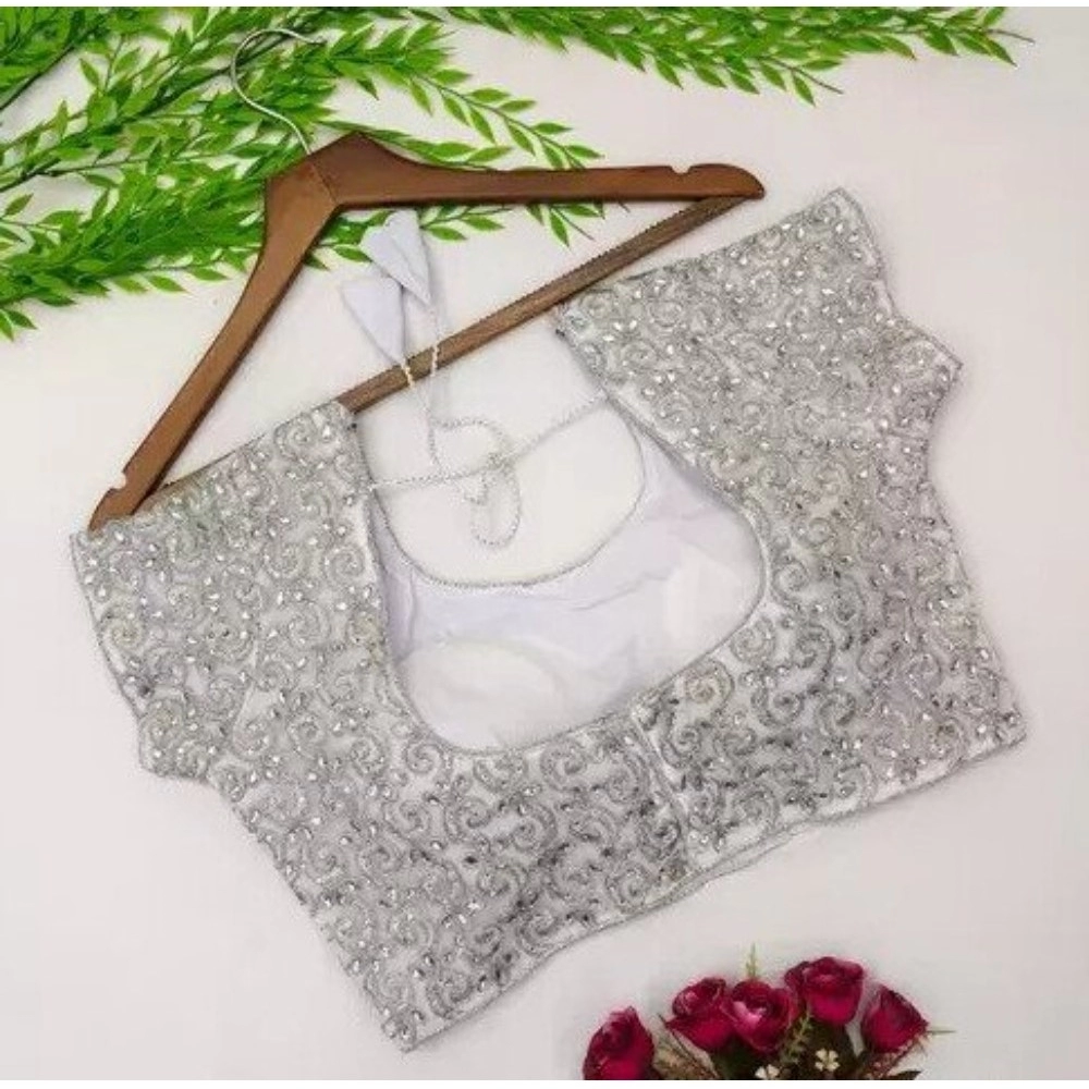 Generic Women's Silk Embroidered Padded Cup Readymade Blouse (Silver, Size: Free Size) - Image 2