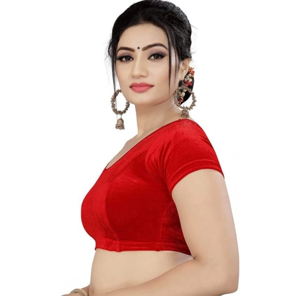 Generic Women's Velvet Solid Non Padded Readymade Blouse (Red, Size: Free Size) - Image 3