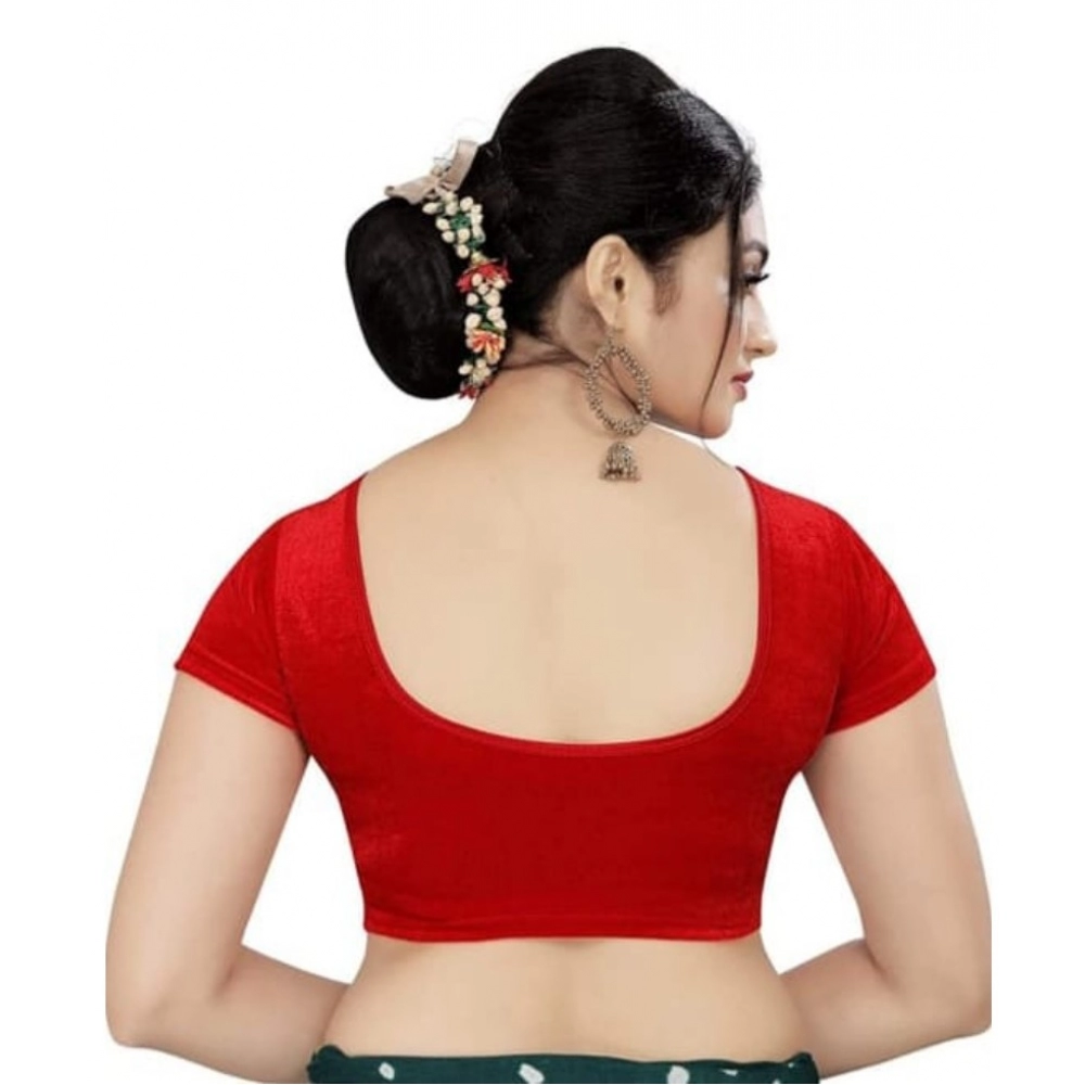 Generic Women's Velvet Solid Non Padded Readymade Blouse (Red, Size: Free Size) - Image 4