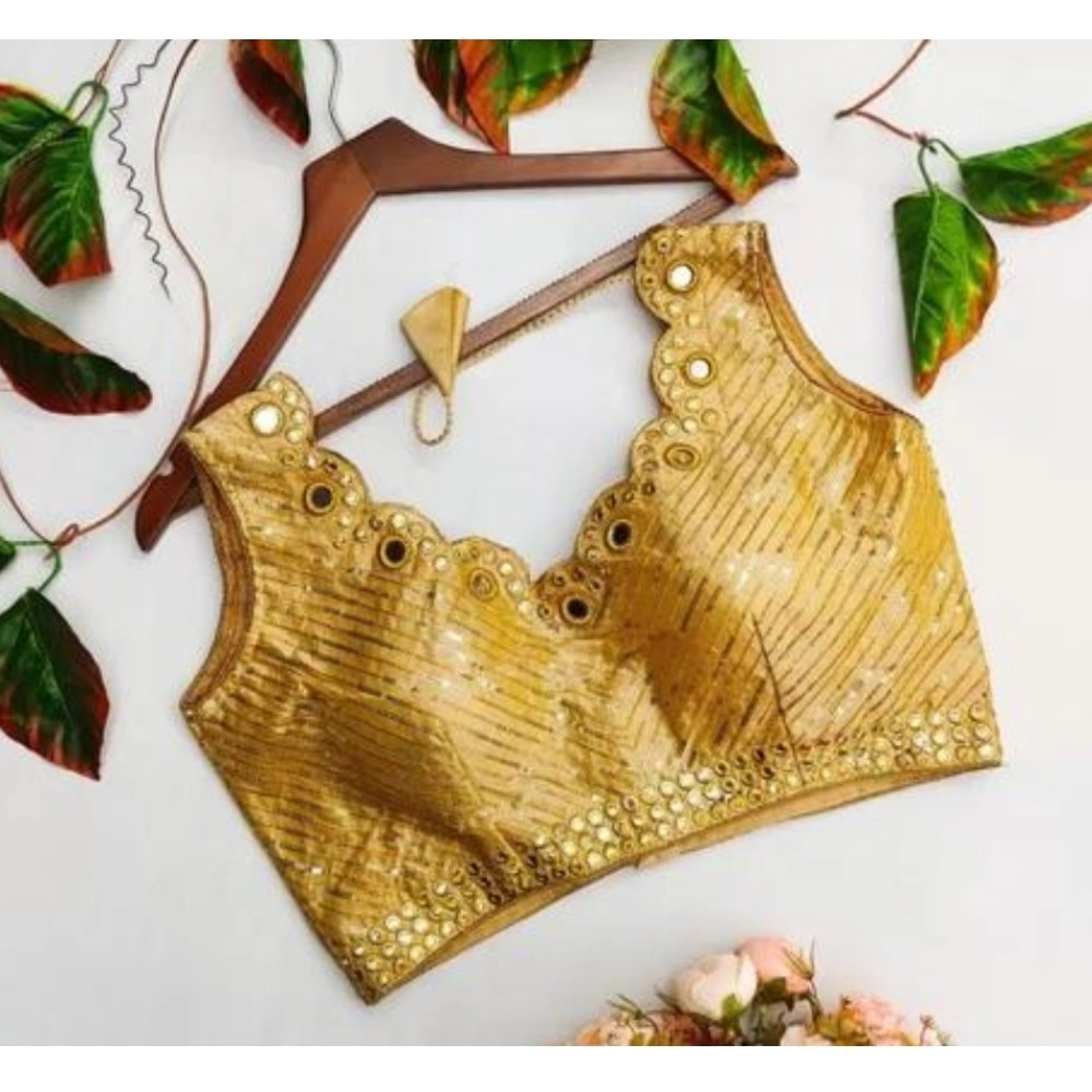 Generic Women's Cotton Silk Embellished Padded Cup Readymade Blouse (Gold, Size: Free Size)