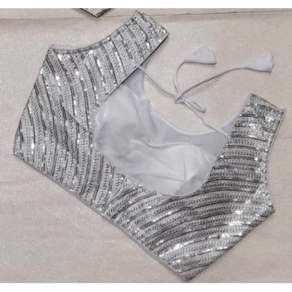 Generic Women's Cotton Silk Embellished Padded Cup Readymade Blouse (Silver, Size: Free Size) - Image 2