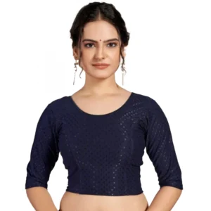 Generic Women'sย Cotton Lycra Blend Solid Non Padded Readymade Blouse (Navy Blue, Size: Free Size)
