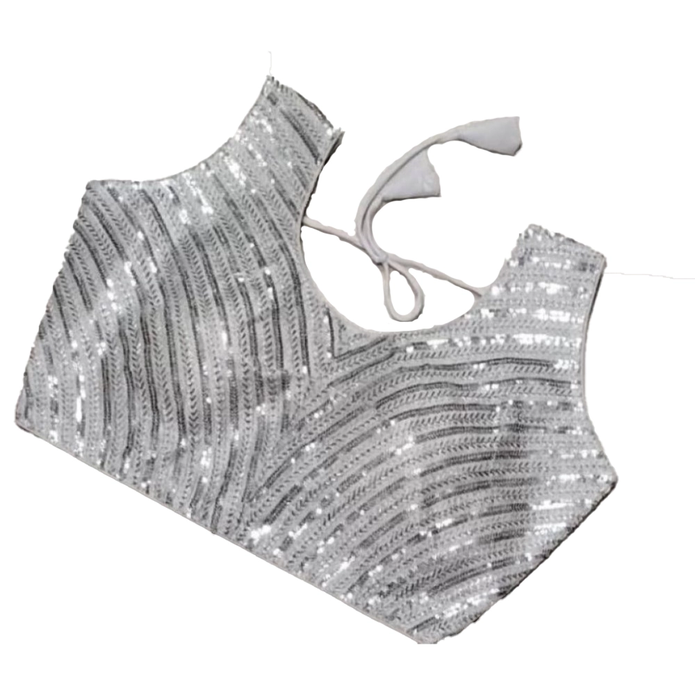 Generic Women's Cotton Silk Embellished Padded Cup Readymade Blouse (Silver, Size: Free Size)