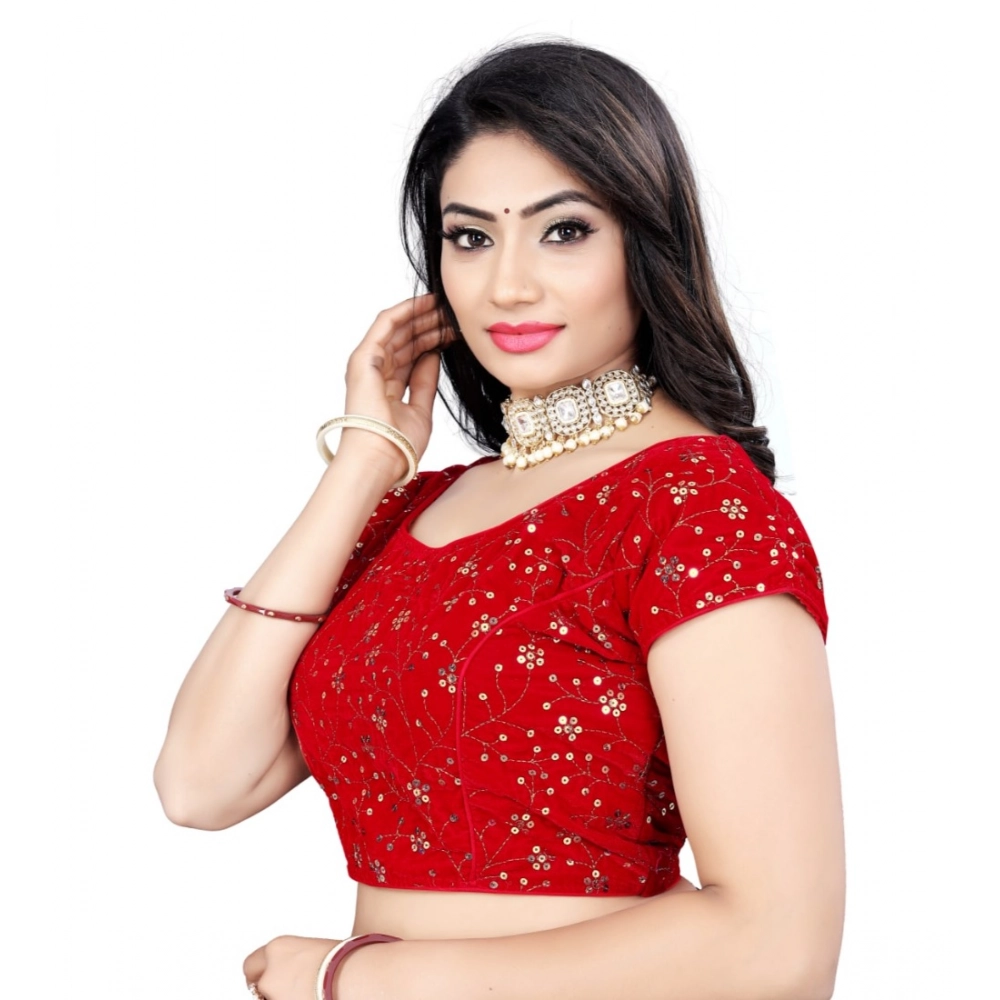 Generic Women's Velvet Sequins Readymade Blouse (Red, Size: Free Size) - Image 2