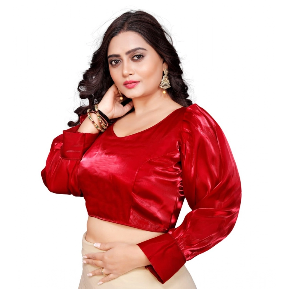 Generic Women's Organza Plain Readymade Blouse (Red, Size: Free Size) - Image 3