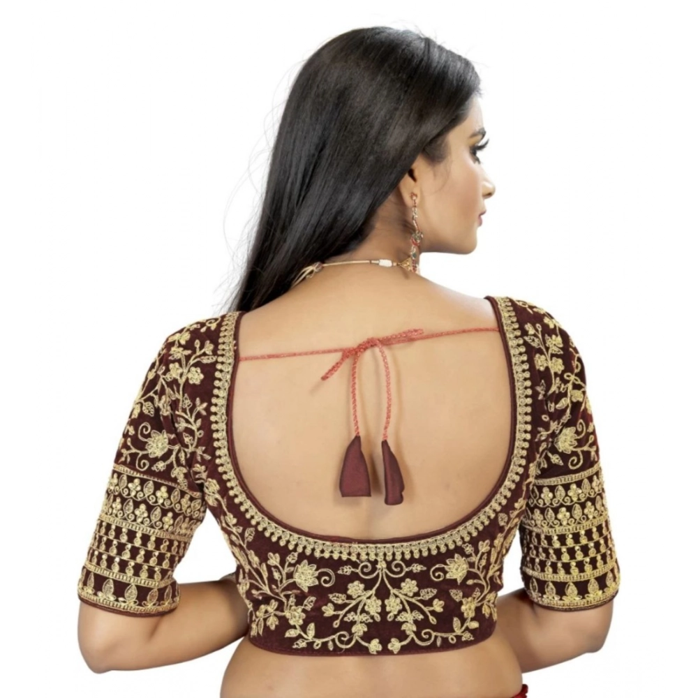Generic Women's Velvet Embroidery Readymade Blouse (Brown, Size: Free Size) - Image 3