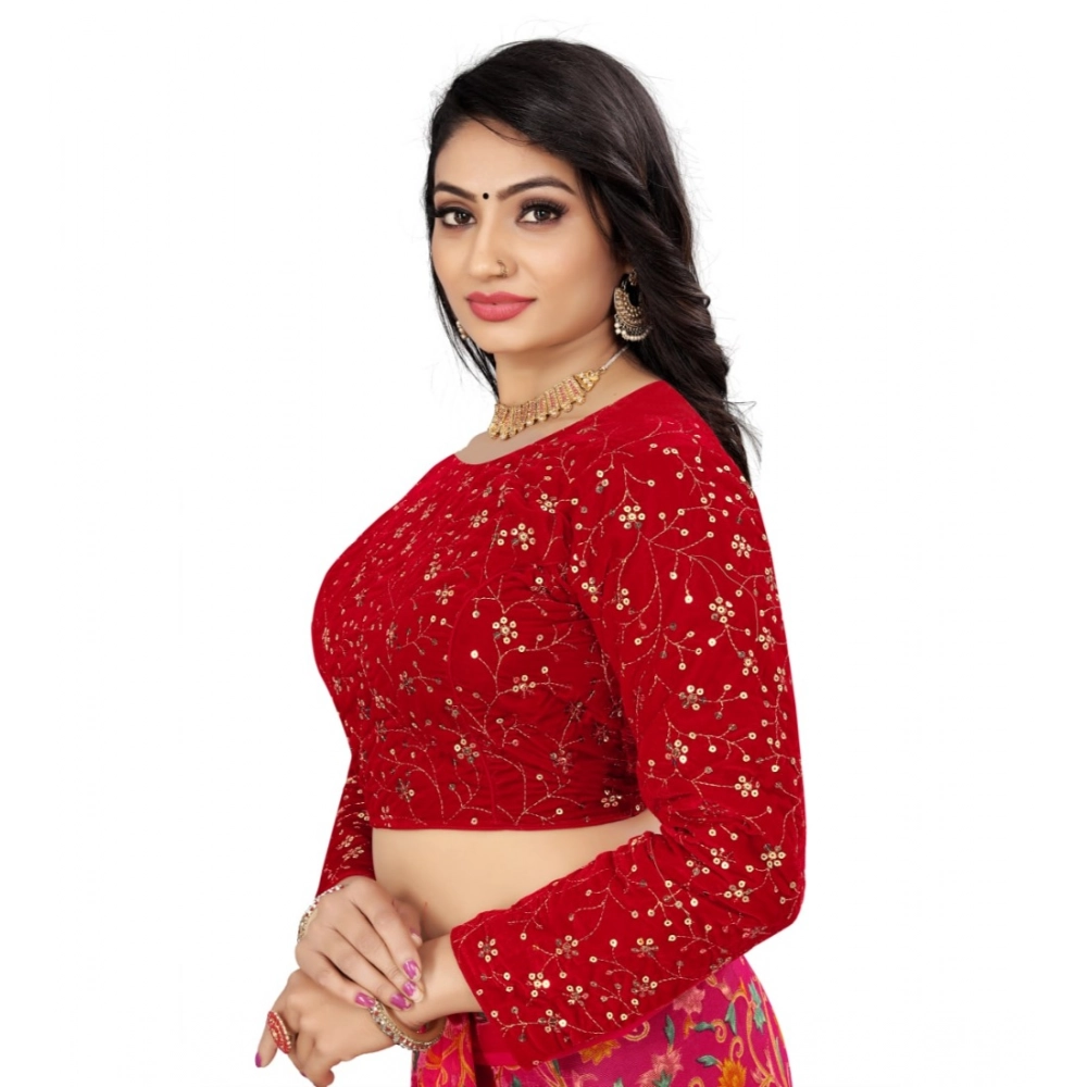 Generic Women's Velvet Embroidery Readymade Blouse (Red, Size: Free Size) - Image 2