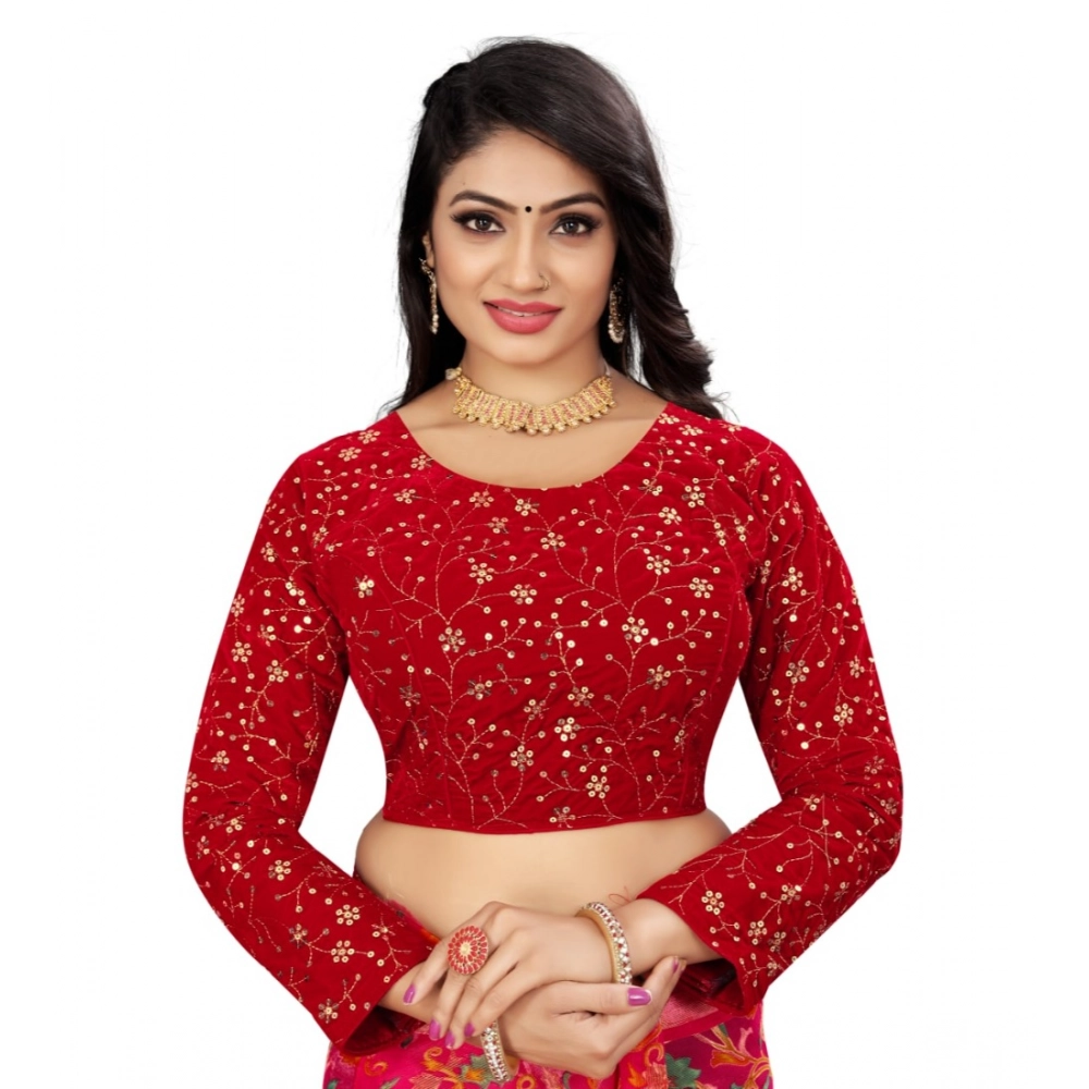 Generic Women's Velvet Embroidery Readymade Blouse (Red, Size: Free Size)