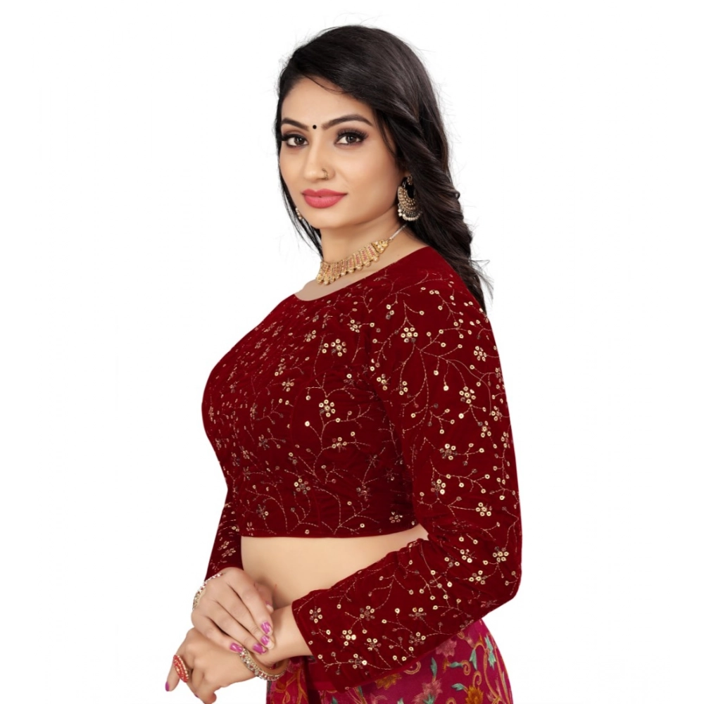 Generic Women's Velvet Embroidery Readymade Blouse (Maroon, Size: Free Size) - Image 2
