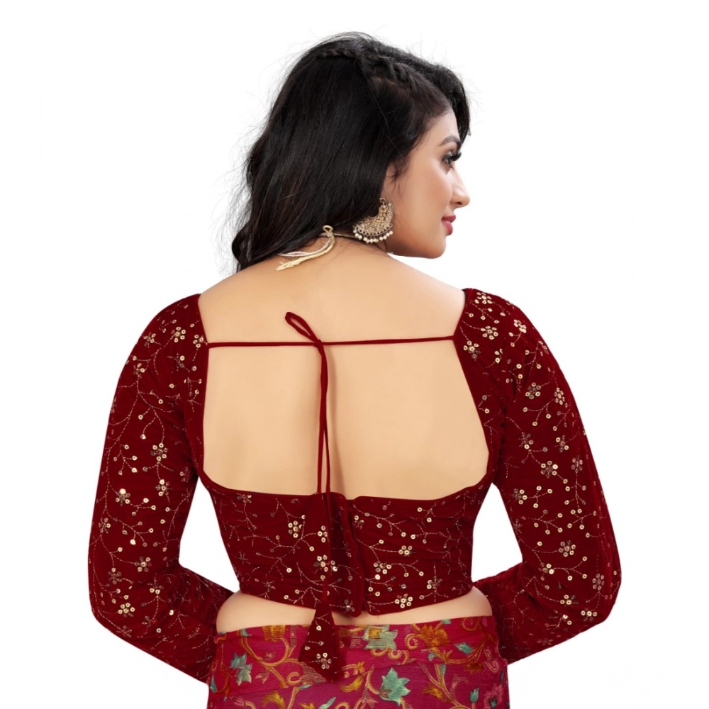 Generic Women's Velvet Embroidery Readymade Blouse (Maroon, Size: Free Size) - Image 4