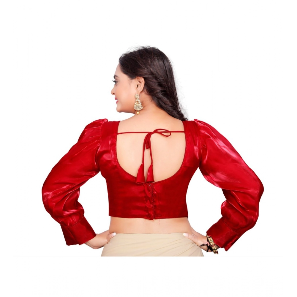 Generic Women's Organza Plain Readymade Blouse (Red, Size: Free Size) - Image 4