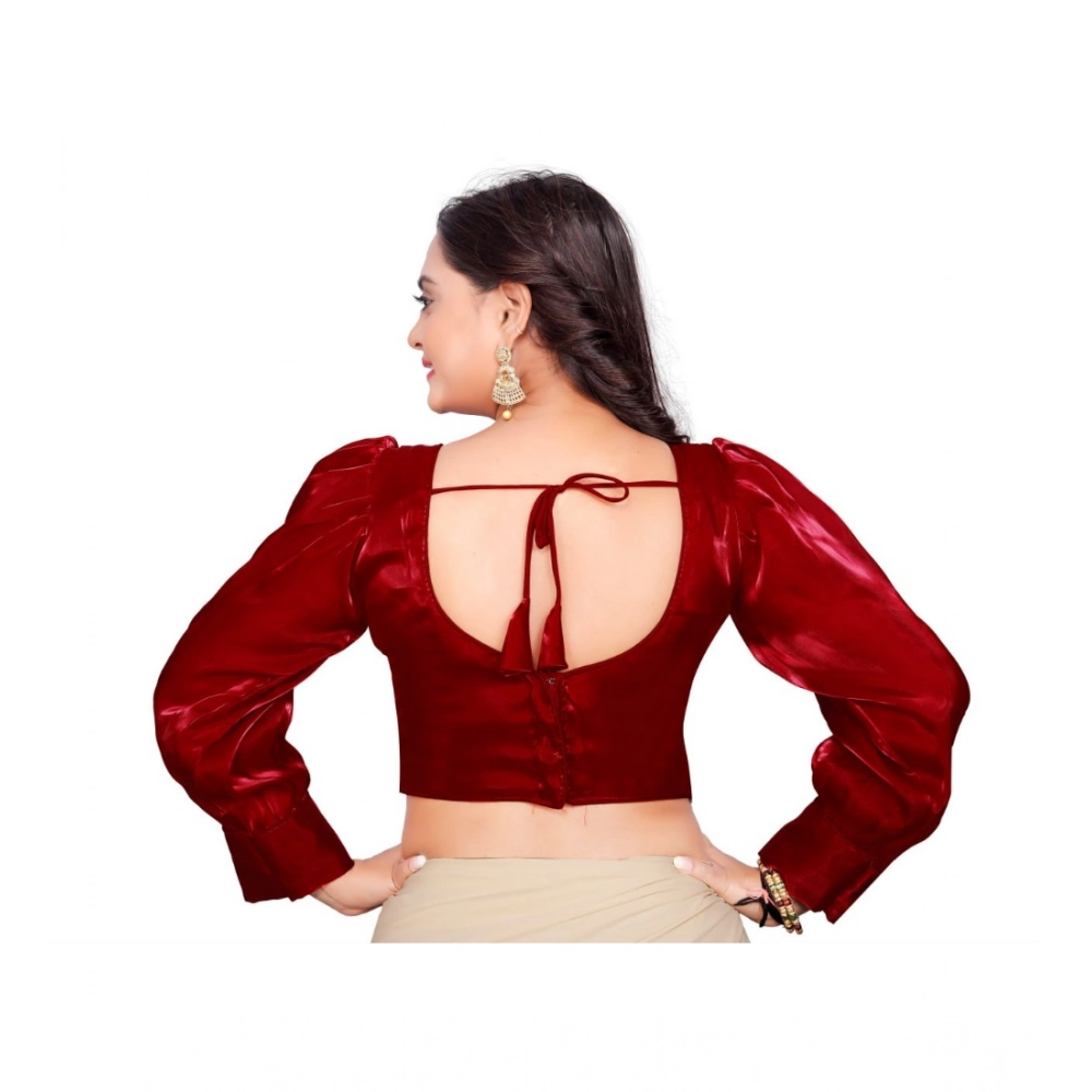 Generic Women's Organza Plain Readymade Blouse (Maroon, Size: Free Size) - Image 4