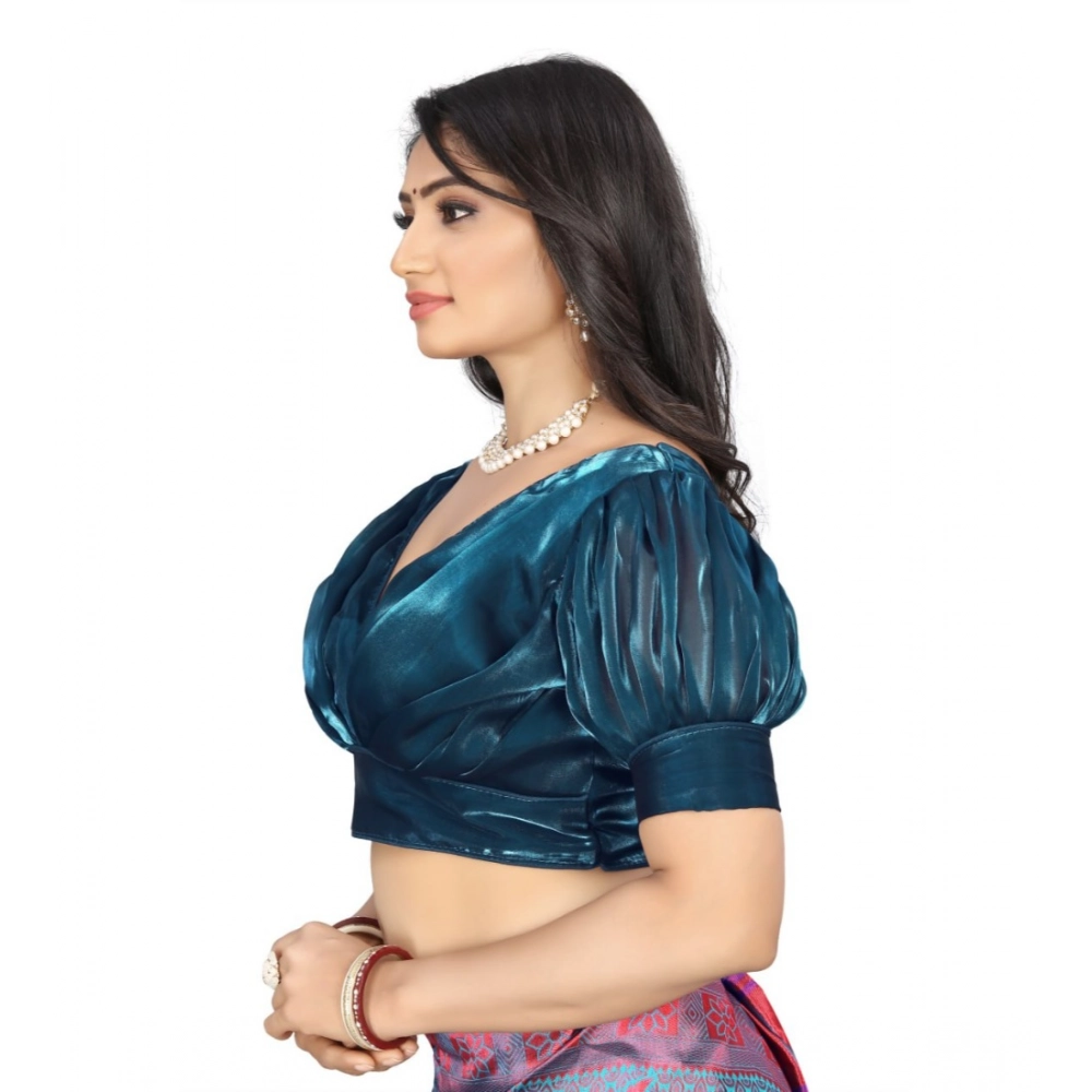 Generic Women's Organza Plain Readymade Blouse (Teal, Size: Free Size) - Image 3