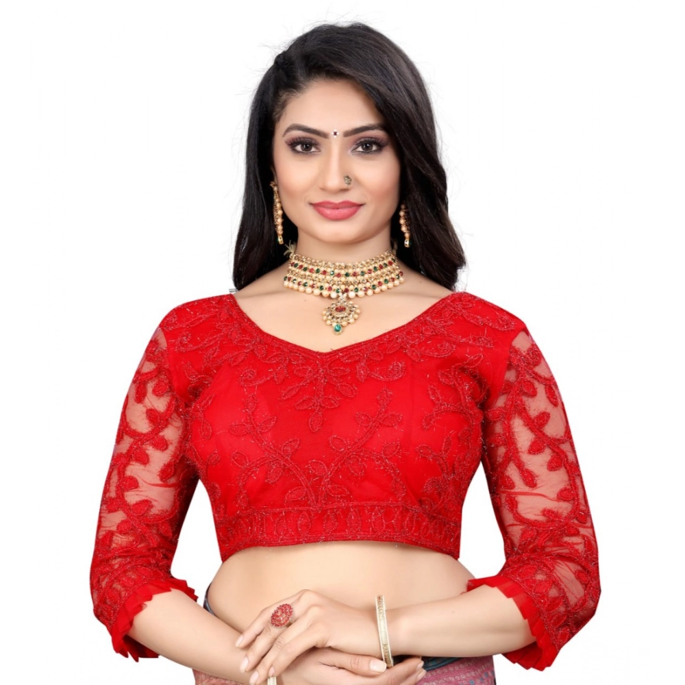 Generic Women's Nylon Net Embroidery Readymade Blouse (Red, Size: Free Size)