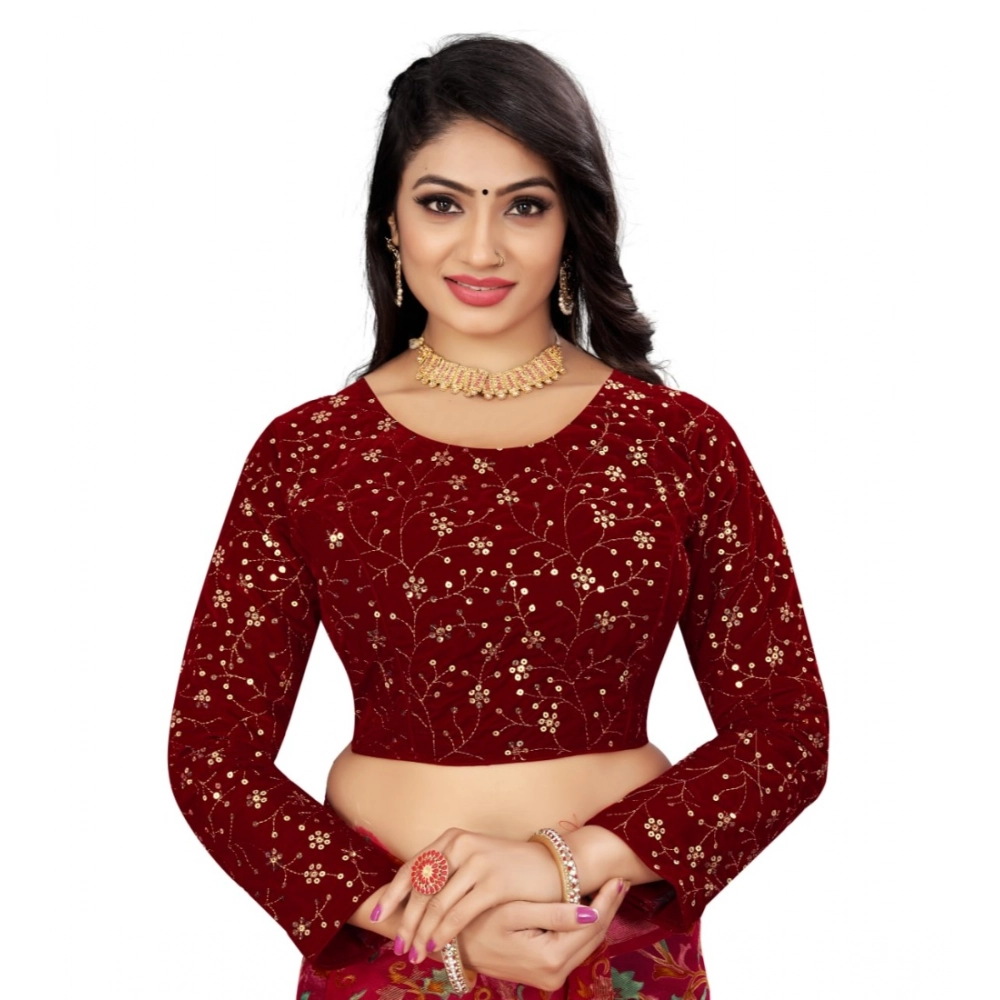 Generic Women's Velvet Embroidery Readymade Blouse (Maroon, Size: Free Size)