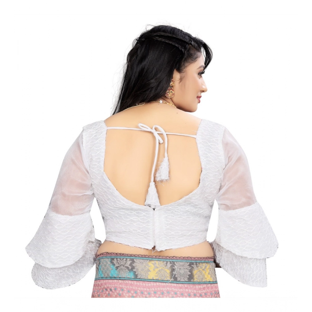 Generic Women's Organza Embroidery Readymade Blouse (White, Size: Free Size) - Image 4