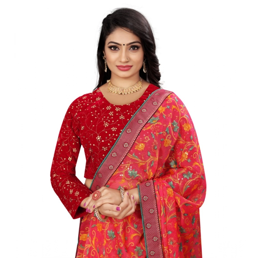 Generic Women's Velvet Embroidery Readymade Blouse (Red, Size: Free Size) - Image 3