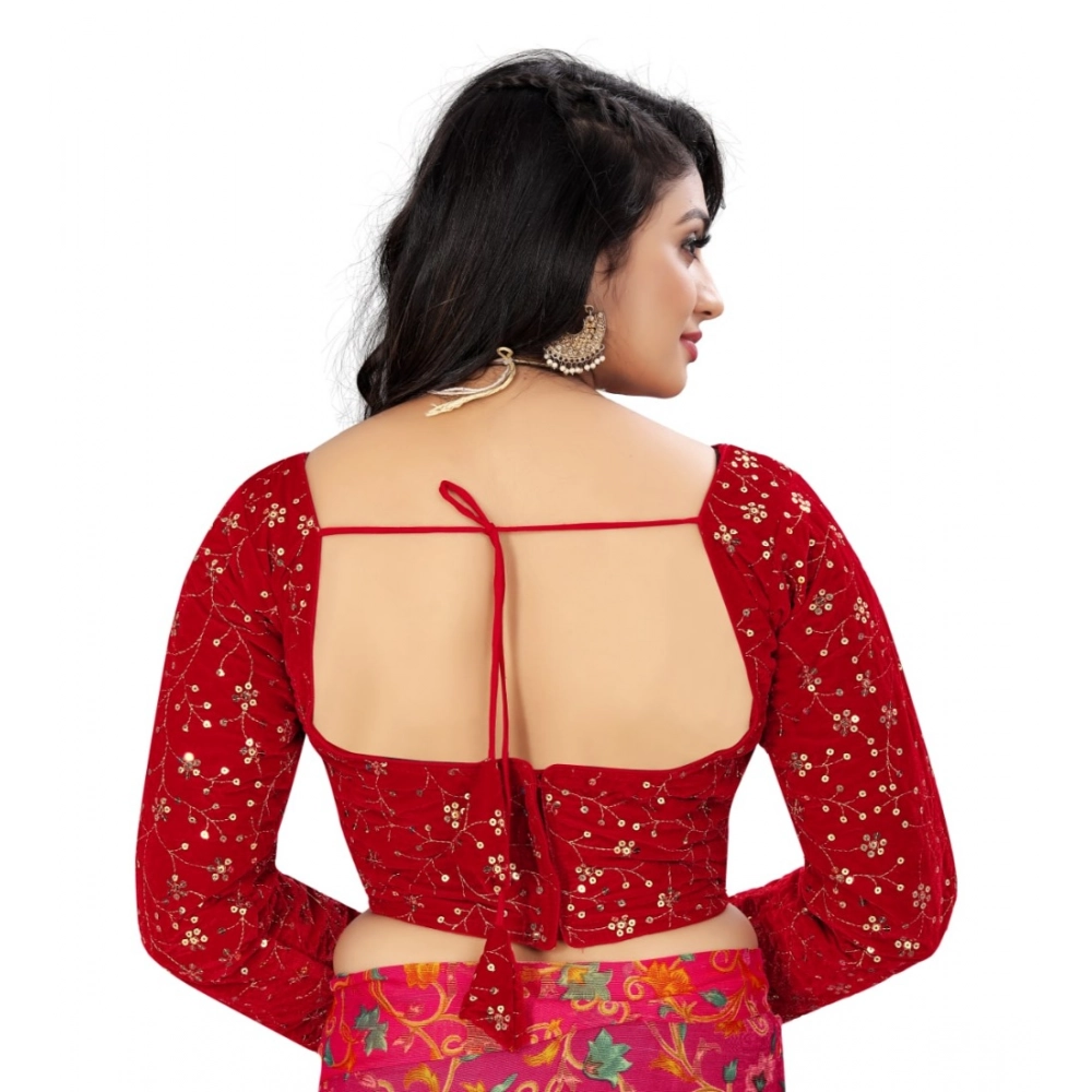 Generic Women's Velvet Embroidery Readymade Blouse (Red, Size: Free Size) - Image 4