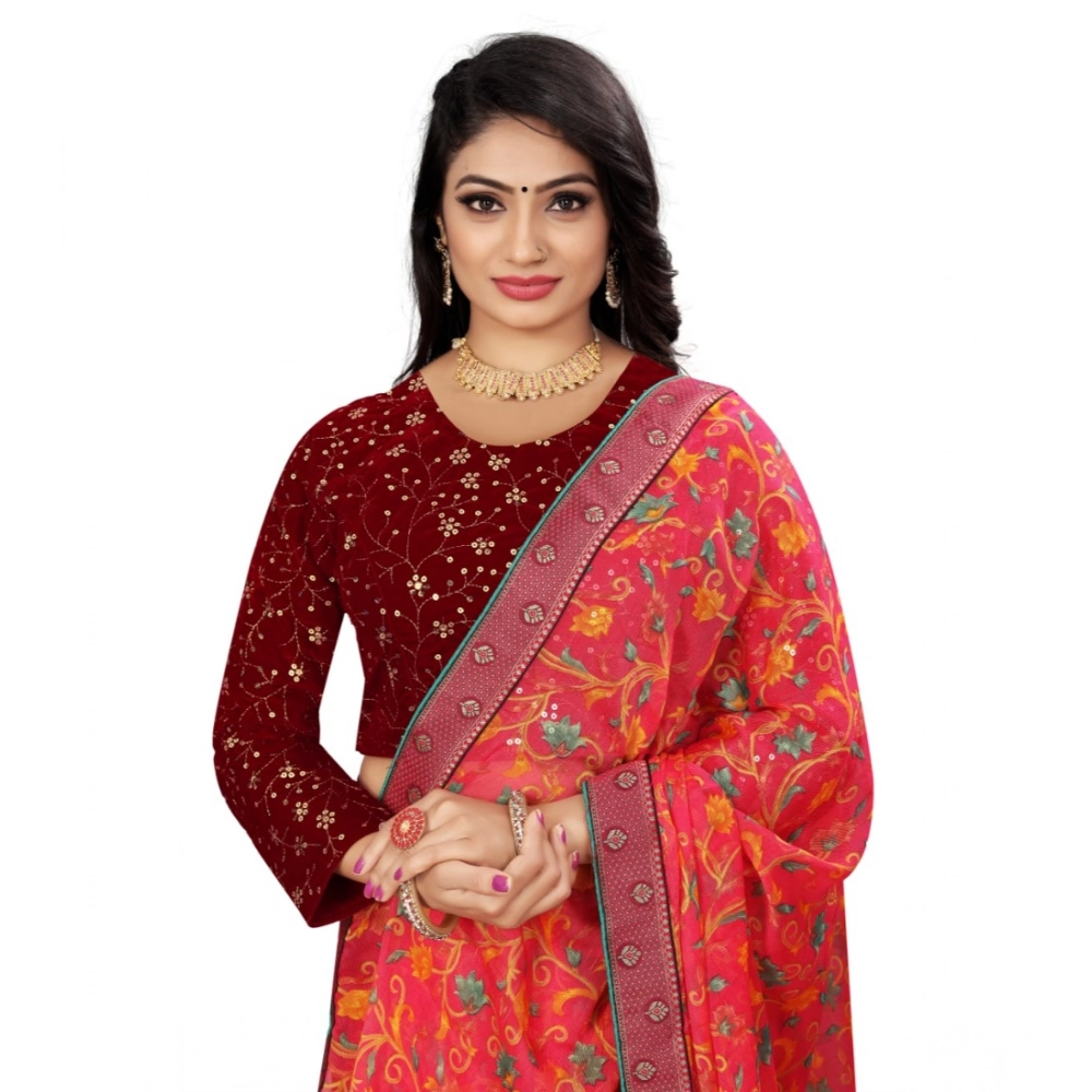 Generic Women's Velvet Embroidery Readymade Blouse (Maroon, Size: Free Size) - Image 3