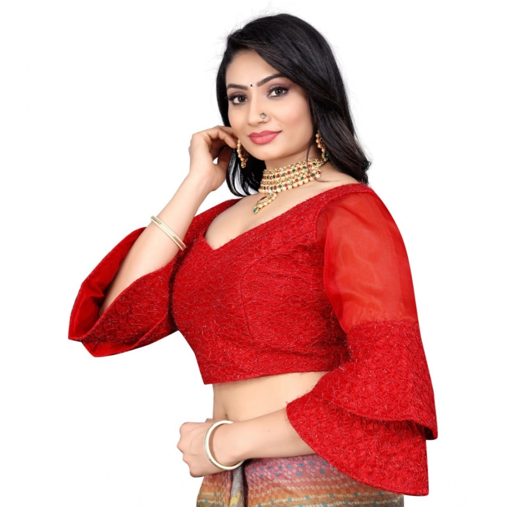 Generic Women's Organza Embroidery Readymade Blouse (Red, Size: Free Size) - Image 3