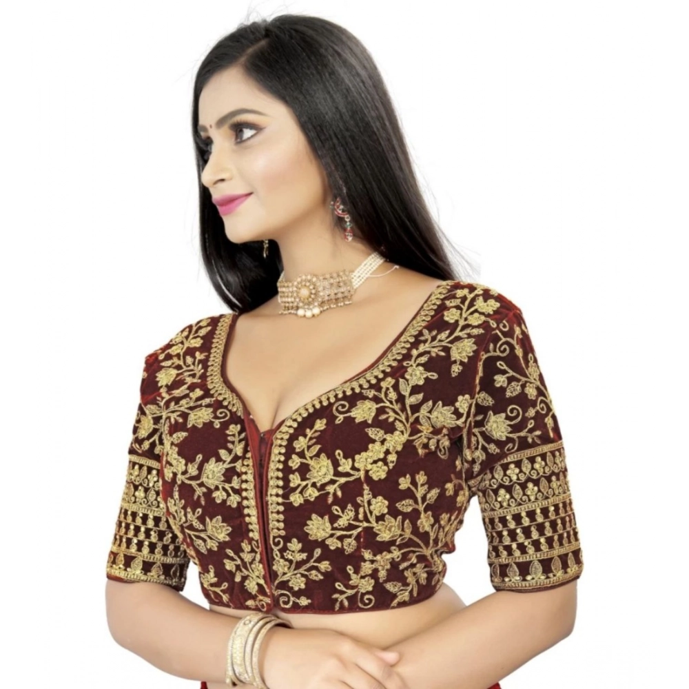 Generic Women's Velvet Embroidery Readymade Blouse (Brown, Size: Free Size) - Image 2