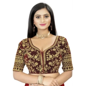 Generic Women'sย Velvet Embroidery Readymade Blouse (Brown, Size: Free Size)