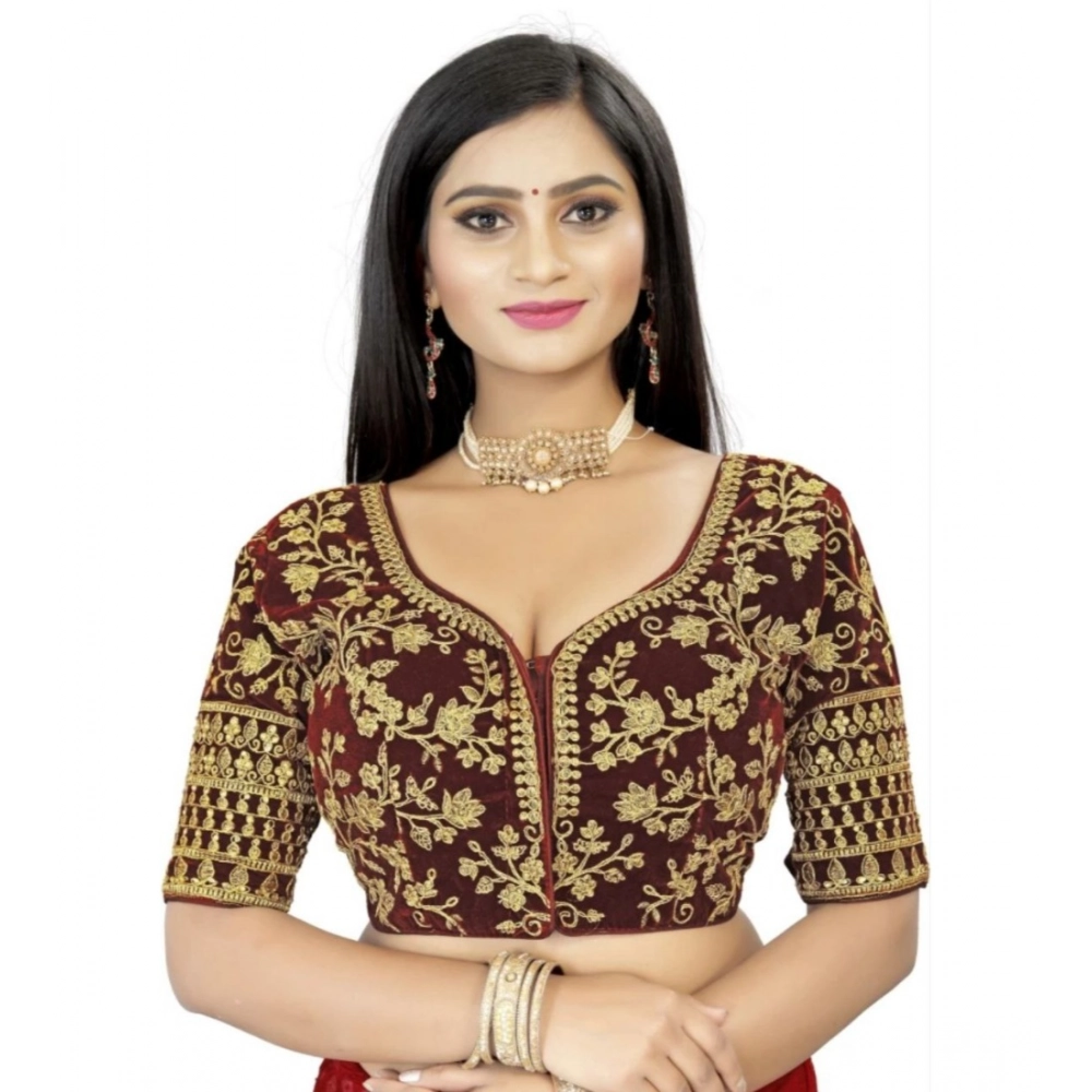 Generic Women's Velvet Embroidery Readymade Blouse (Brown, Size: Free Size)