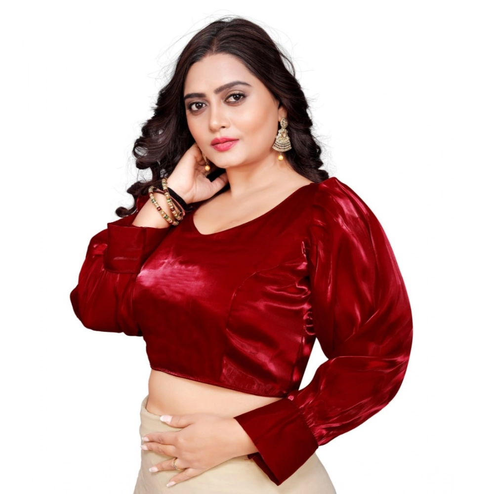Generic Women's Organza Plain Readymade Blouse (Maroon, Size: Free Size) - Image 3