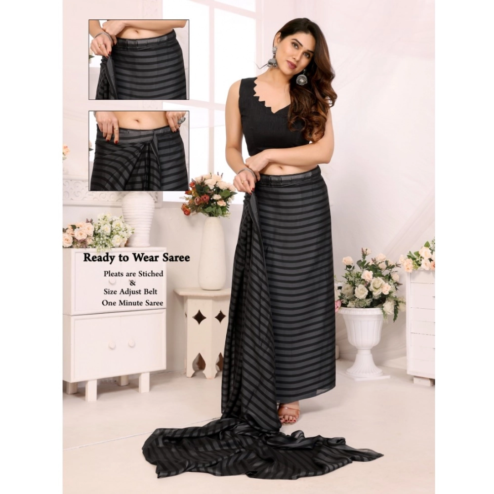 Generic Women's Black Berry Striped Ready-to-Wear Saree With Unstitched Blouse 5.5 Mtr (Grey-Black) - Image 2