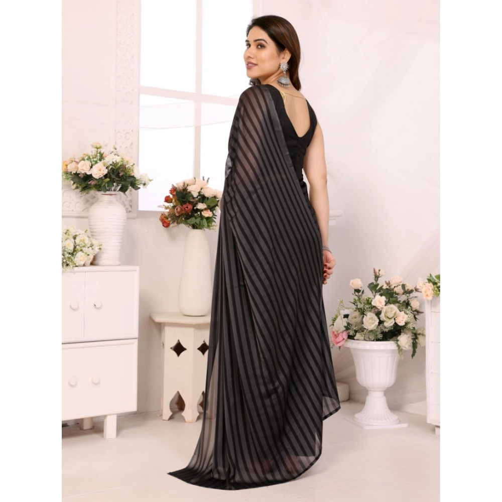 Generic Women's Black Berry Striped Ready-to-Wear Saree With Unstitched Blouse 5.5 Mtr (Grey-Black) - Image 3