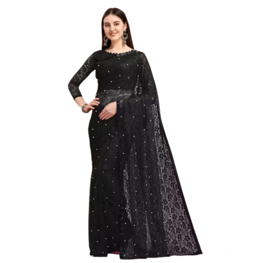 Generic Women's Net Self Design Saree With Unstitched Blouse 5.5Mtr (Black) - Image 4