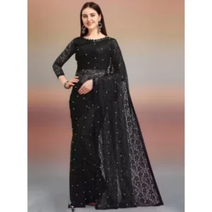 Generic Women's Net Self Design Saree With Unstitched Blouse 5.5Mtrย (Black)