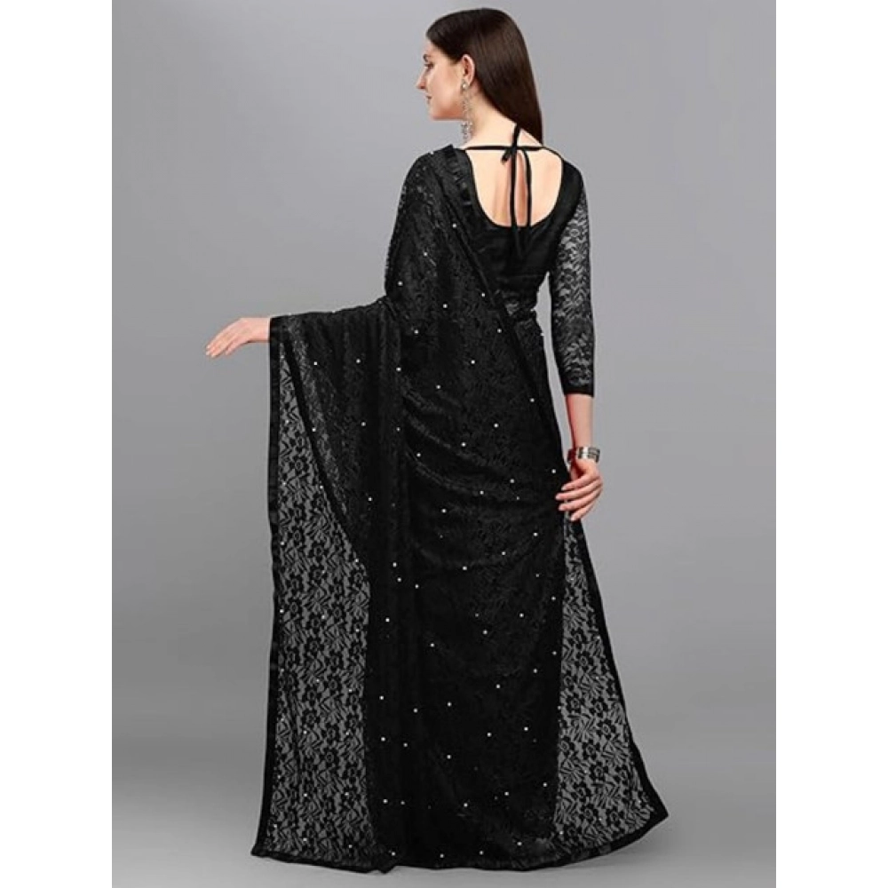Generic Women's Net Self Design Saree With Unstitched Blouse 5.5Mtr (Black) - Image 2