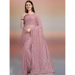 Generic Women's Net Self Design Saree With Unstitched Blouse 5.5Mtrย (Light Brown)