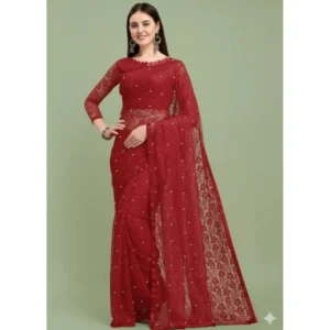 Generic Women's Net Self Design Saree With Unstitched Blouse 5.5Mtrย (Maroon)